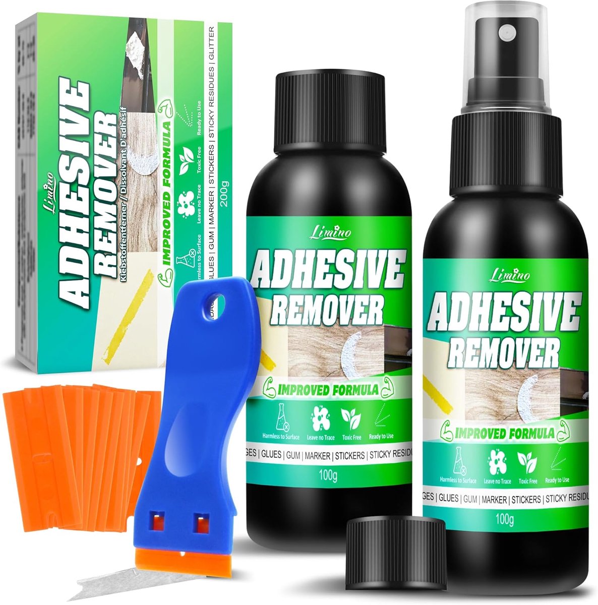 SnelShoppen - Adhesive Remover Spray voor Stickers, Lijmresten en Vlekken - Inclusief Schraper - Effectieve Verwijderaar voor Auto's, Ramen, Muren, en