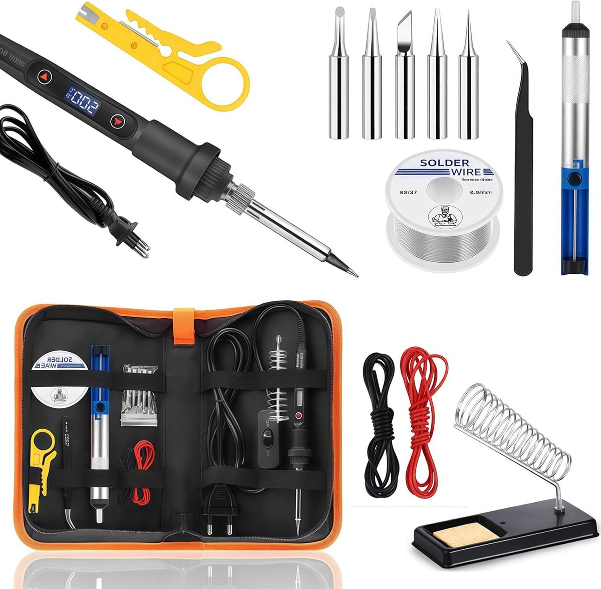 SnelShoppen - Professionele Loodsoldeerbout Set 80W, Instelbare Temperatuur 180℃-500℃ met LCD Display, 5 Interchangeable Tips, Desoldering Pump en Dra