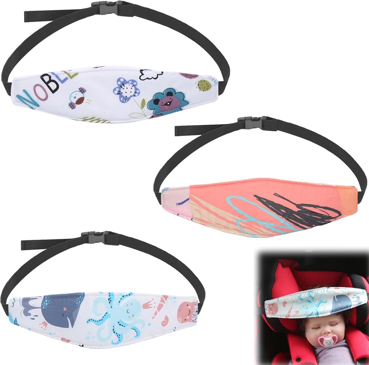 SnelShoppen - Set van 3 Verstelbare Hoofdsteunen voor Kinderzitje, Zachte Slaapsteun, Ademend, Huidvriendelijk, Veilig en Comfortabel voor Kinderen en