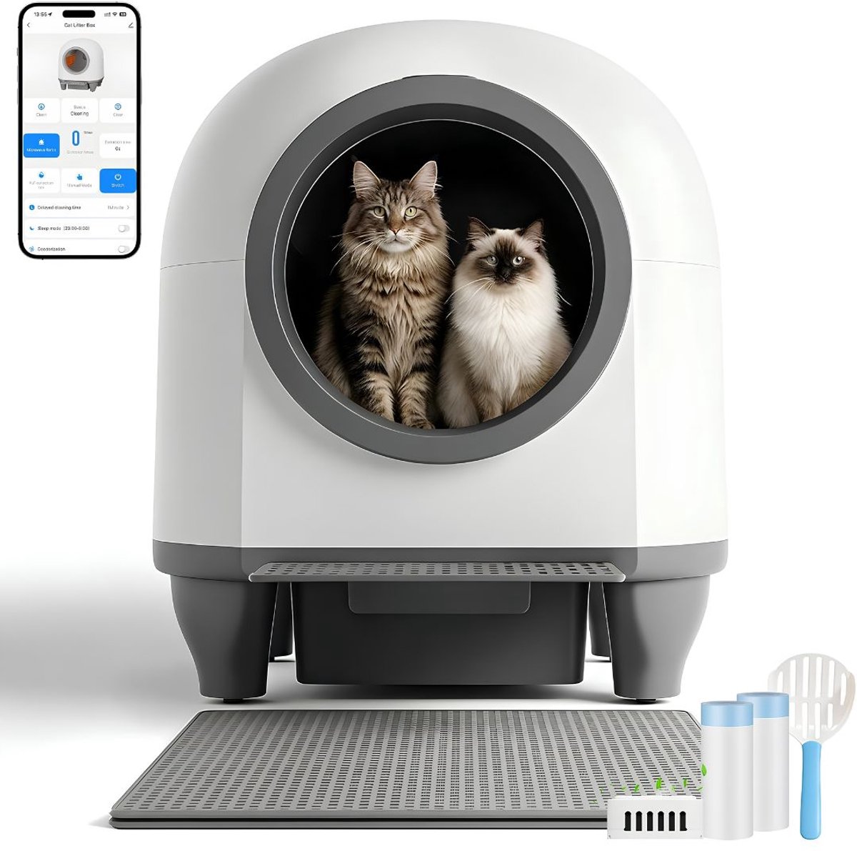 JCP® Zelfreinigende Kattenbak -Sensor - Ellenpent - Kattenbakmat - Wit en Grijs - 56cm x 51cm x 59cm