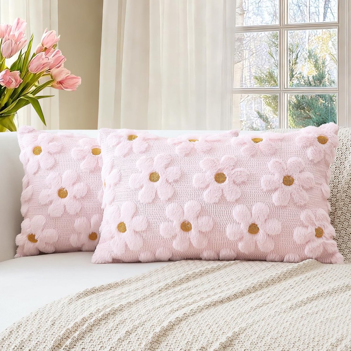 SnelShoppen - Set van 2 Zachte Pluche Kussenslopen - Luxe Wolvelours Bloem Design - Decoratieve Pillowcases voor Sofa en Slaapkamer - 40 x 60 cm - Roz