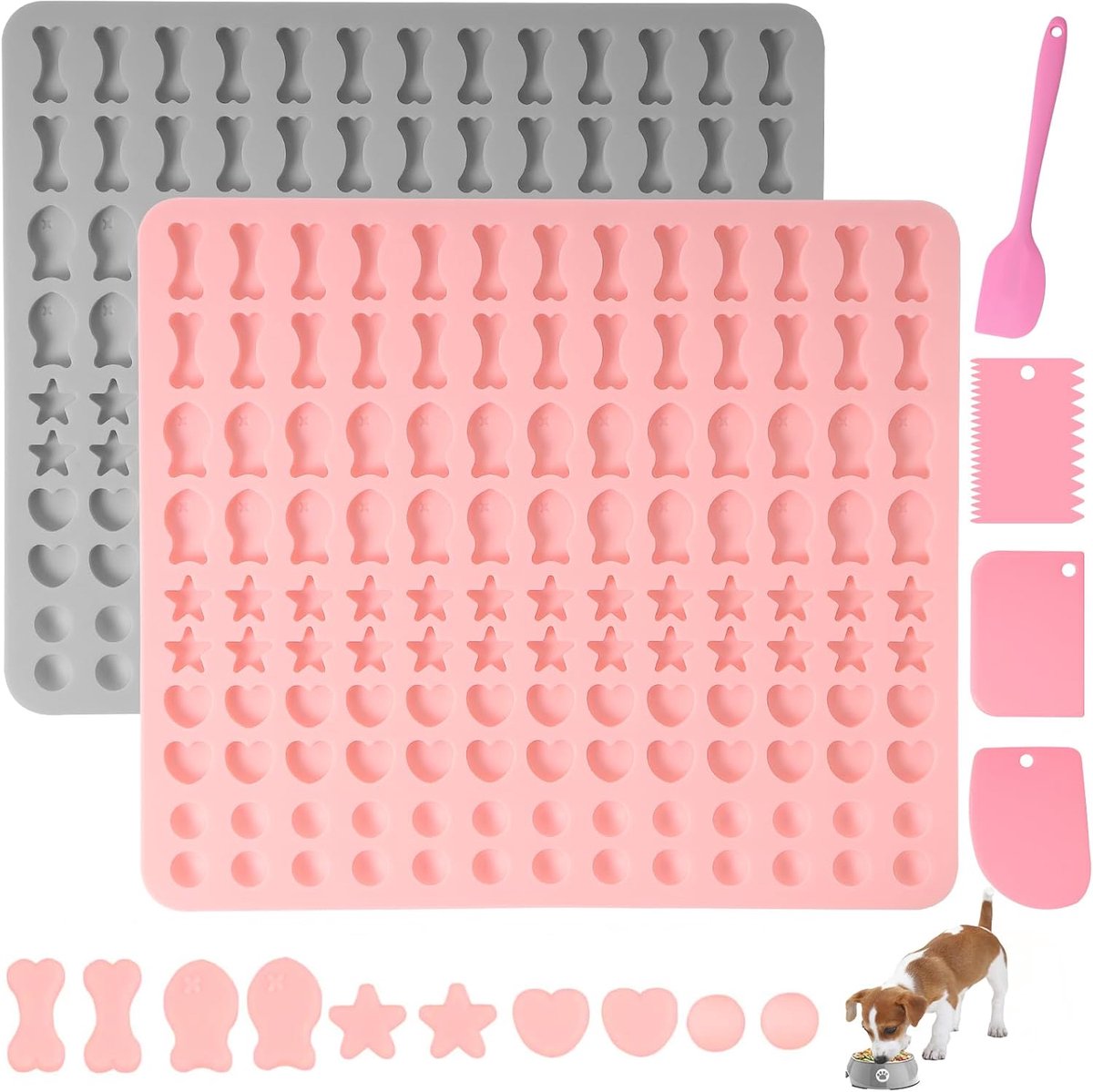 SnelShoppen - 2 Stuks Bakmat voor Hondensnacks, Silicone Mould voor Hondensnoepjes, 130 Roosters, 5 Vormen in 1, BPA Vrij, Inclusief Spatel en Deegsch