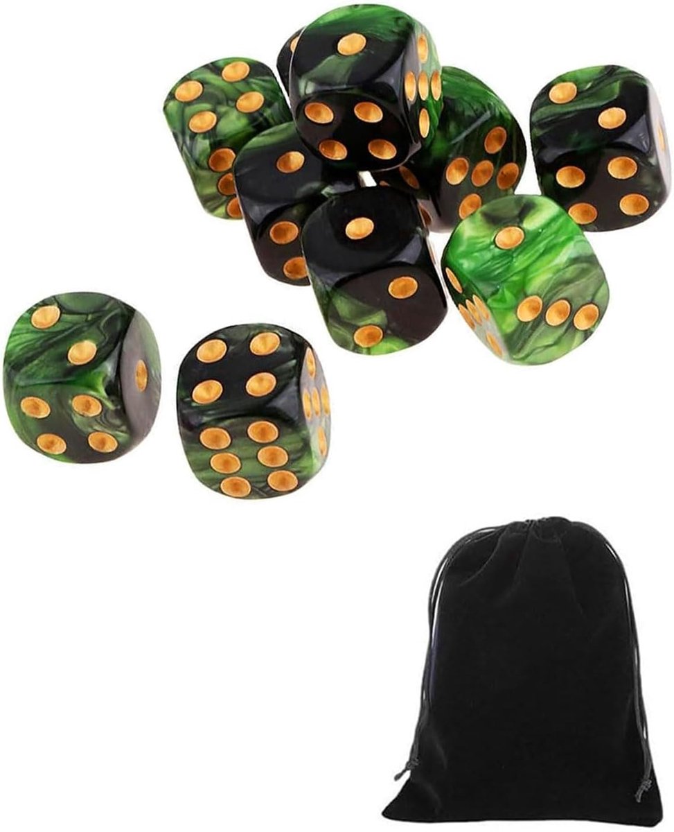 SnelShoppen - 10 Stuks D6 Zwarte-Groene Acryl Dobbelstenen Set 16mm met Fluwelen Zak voor Bordspellen, Rollenspellen, Feest en Gezelligheid