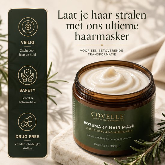 Bruine pot Covelle Rozemarijn Haarmasker met groene label. Zacht voor haar en huid.