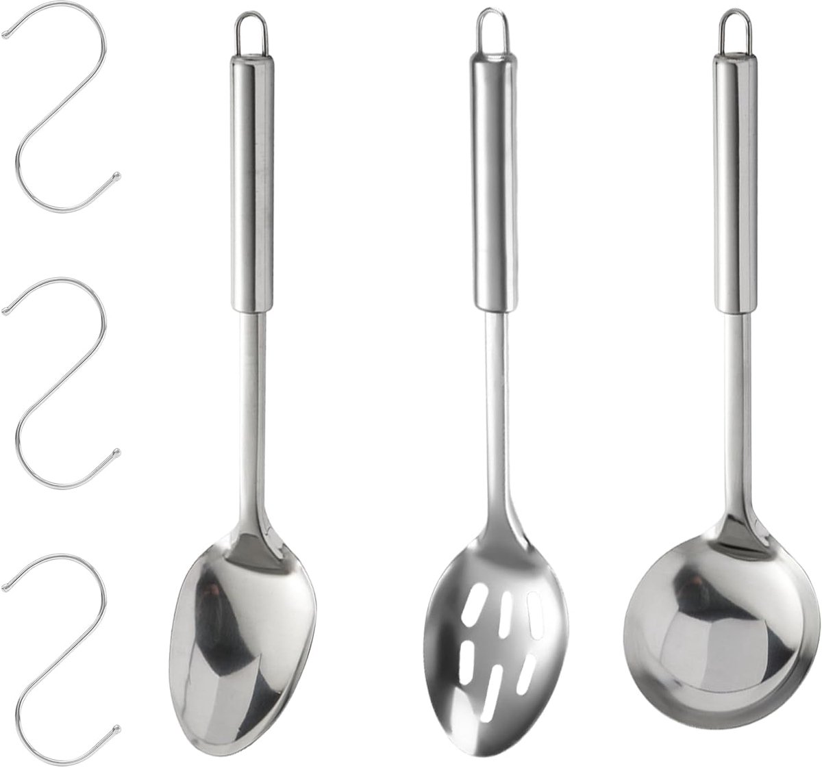 SnelShoppen - 3 Pcs RVS Kooklepel Set, Soeplepel, Serveerlepel en Sleuflepel, Roestvrij Staal, Keuken Gereedschap met 3 RVS Haken, Ideaal voor Koken e