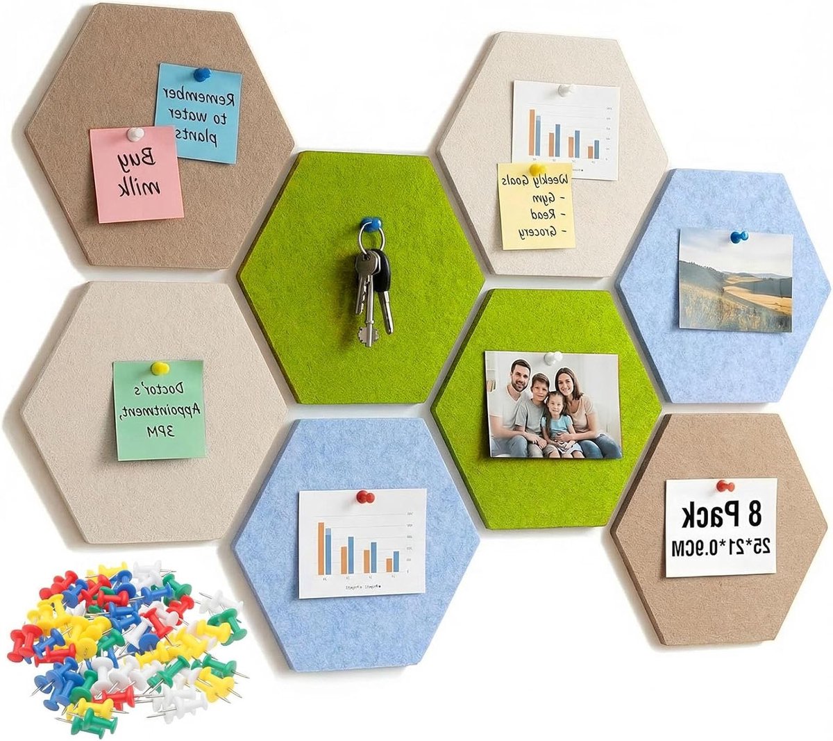 Set van 8 Hexagonale Vilt Prikborden met 50 Duimspijkers - Zelfklevende Viltpanelen voor Wanddecoratie en Memo's in Diverse Kleuren