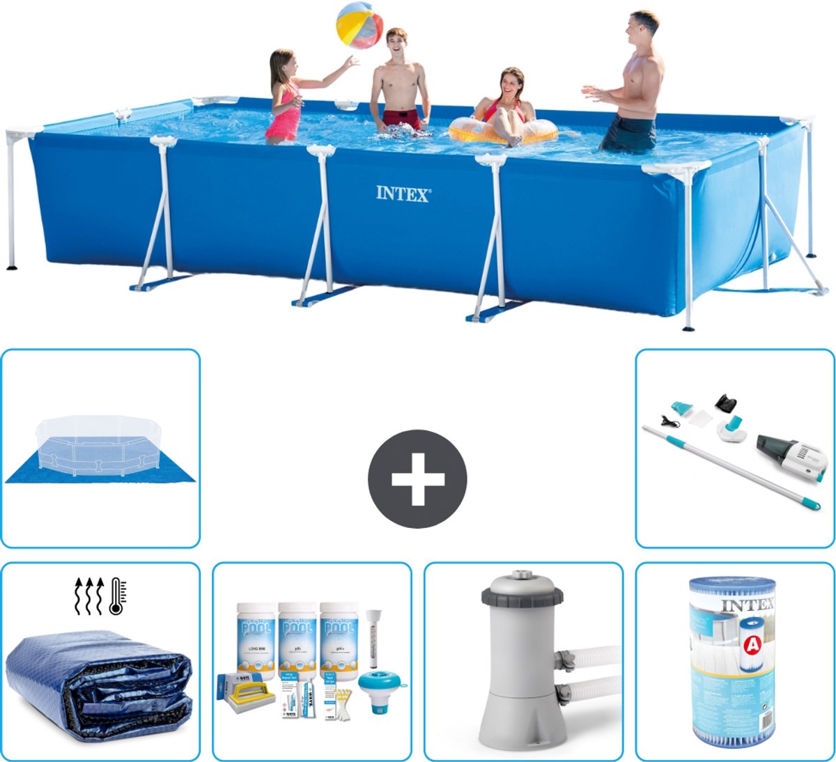 Intex Rechthoekig Frame Zwembad - 450 x 220 x 84 cm - Blauw - Inclusief Solarzeil - Onderhoudspakket - Zwembadfilterpomp - Filter - Grondzeil - Stofzuiger - 7-delig