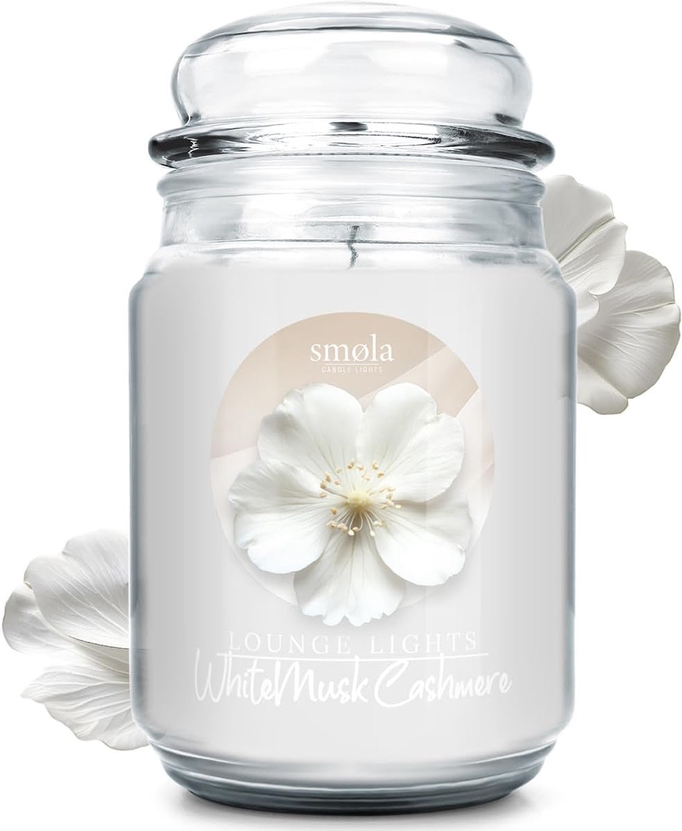 SnelShoppen - Grote Geurkaars in Glas - White Musk Cashmere - 620 ml - Vegan Sojawas - Tot 140 Uur Brandtijd - Perfecte Cadeau Ideeën voor Feesten en