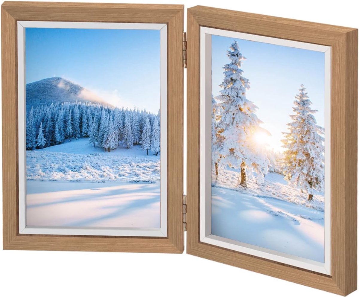 SnelShoppen - Dubbele Fotolijst Vouwbaar 13 x 18 cm | Houten Collage voor 2 Foto's, Ideaal voor Woonkamer, Slaapkamer, Tafeldecoratie