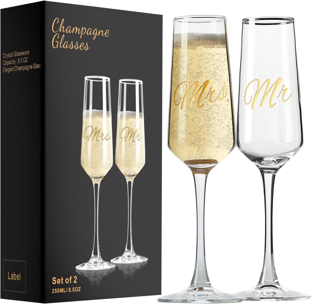 SnelShoppen - Set van 2 Elegante Champagneglazen 250ml - Mr. en Mrs. Prosecco Flutes - Perfect Cadeau voor Bruiloft, Verjaardag, Kerst en Feestdagen -