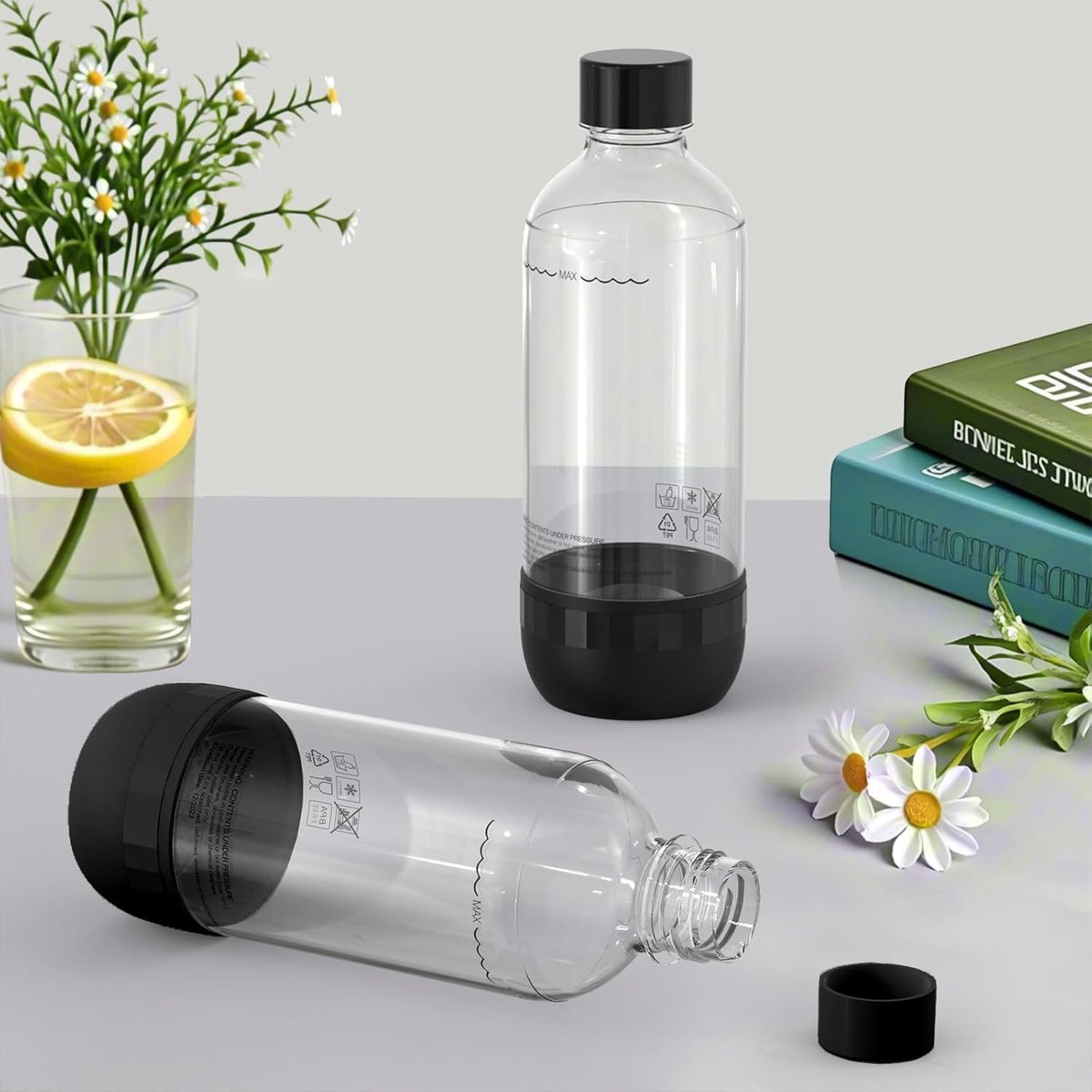 SnelShoppen - 1L Soda Flessen Set van 2, BPA Vrij, PET, Herbruikbaar, Zwart, Geschikt voor Soda Machines en Sprankelend Water Apparaten