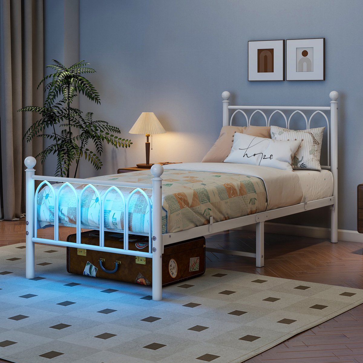 Metalen Bed 90x200 cm - Eenpersoonsbed Met LED-Verlichting en USB-Laadstation - Zonder Matras, Met Opbergruimte - Metaal - Wit