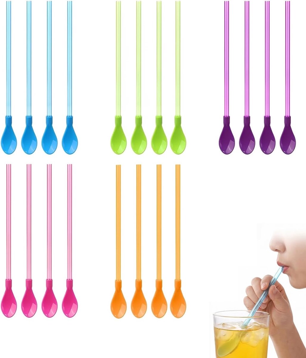 SnelShoppen - 20 Rietjes met Lepel - 5 Kleuren Kunststof - 2-in-1 Lepelrietjes voor Smoothies, Latte Macchiato, Slush IJs - Vaatwasmachinebestendig en