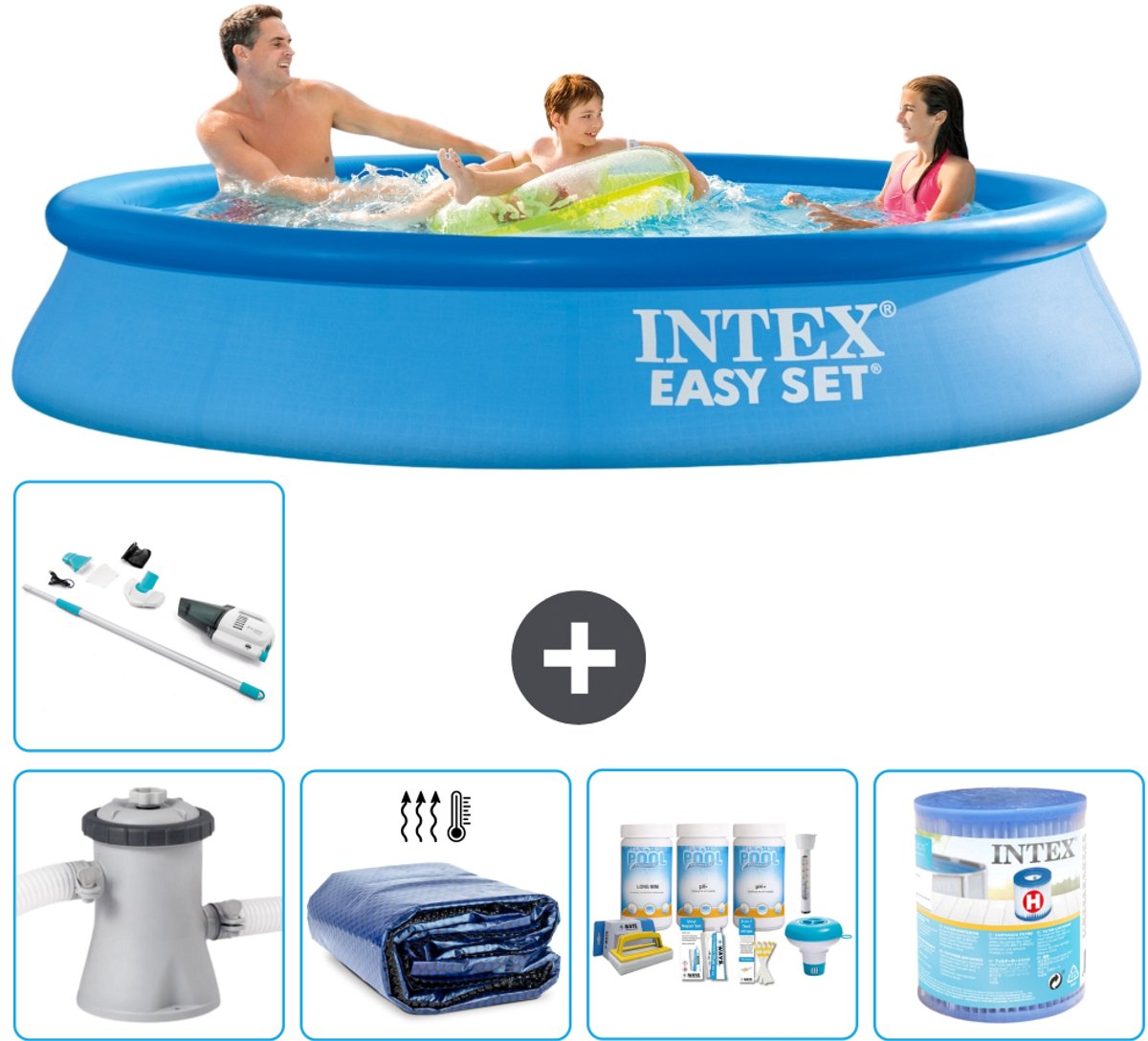 Intex Rond Opblaasbaar Easy Set Zwembad - 305 x 61 cm - Blauw - Inclusief Pomp - Solarzeil - Onderhoudspakket - Filter - Stofzuiger - 6-delig