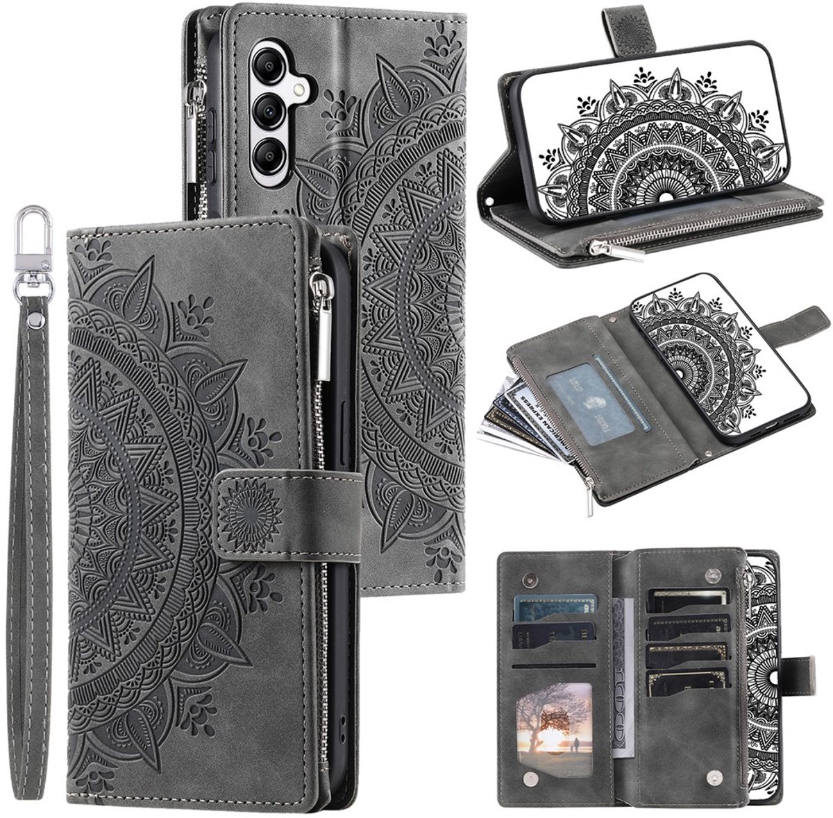 Telefoonhoesje geschikt voor Samsung Galaxy A27 5G - Portemonnee met rits - book-case hoesje - ruimte voor 8 pasjes - mandala grijs