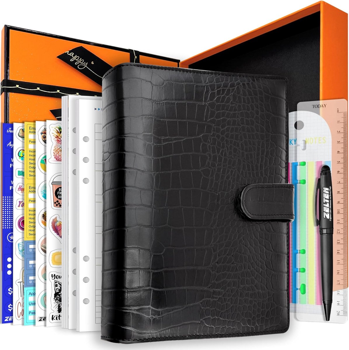 SnelShoppen - PU Leather Notitieboek A5 met 67 Pagina's Planner Papier, 6-Gaatjes Ringband, Penhouder, Magnetische Sluiting - Zwart Kunst Krokodillenl