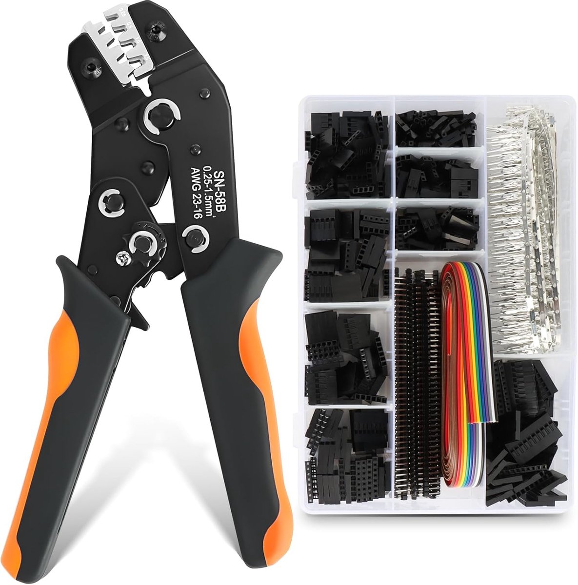 SnelShoppen - Crimping Tool Set met 1600pcs 2.54mm Dupont Connectors, AWG 23-16, Ratchet Wire Crimper, 1/2/3/4/5/6/8/10 Pin Housing Connectors voor El