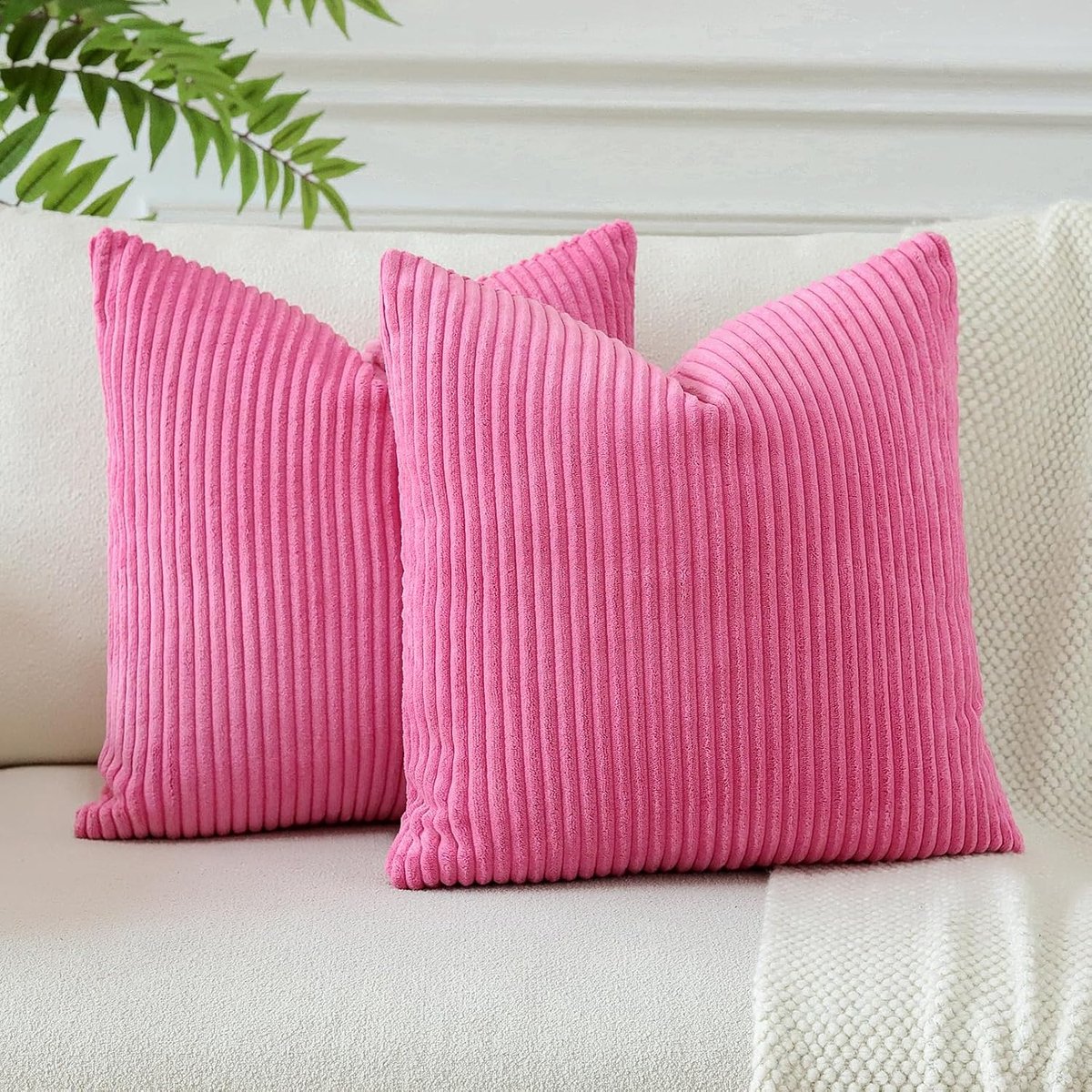 SnelShoppen - JOTOM Corduroy Kussenhoezen Set van 2 - 50x50cm, Zachte Gestreepte Boho Kussens voor Sofa, Woonkamer, Beddecoratie, Hot Pink