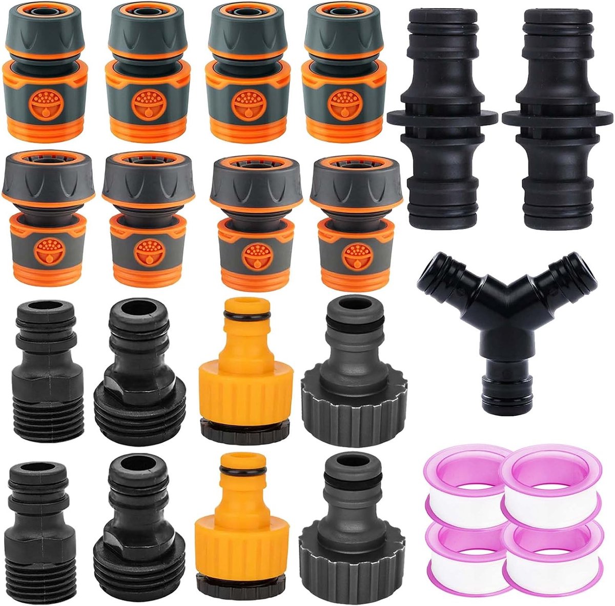 SnelShoppen - Pack van 19 Plastic Tuinslang Koppelingen, 1/2 Inch en 3/4 Inch Tuinslang Connectoren, 2-in-1 Snelkoppeling Kit met Y Splitter en Dubbel