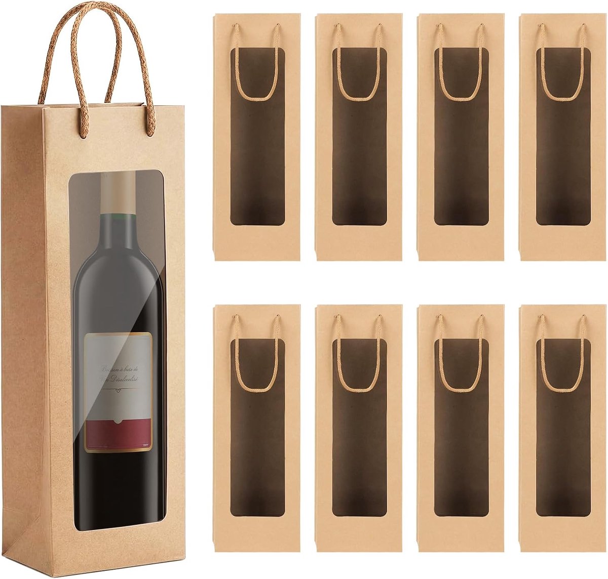SnelShoppen - 8 stuks Wijngeschenkzakjes - Wijnflessenzakken met Venster - Herbruikbare Flescadeauzakken van Kraftpapier - Kersttassen met Handgrepen