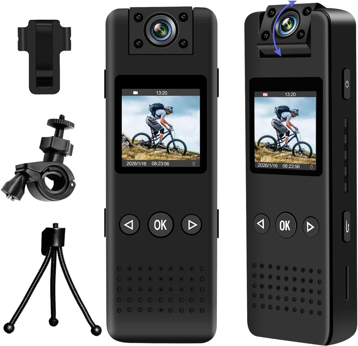 SnelShoppen - Mini Action Cam HD 1080P Draagbare Bodycamera met 270° Hoek, Nachtzicht, Loop Recording voor Motoren, Fietsen, Vlogs, Reizen, Avontuur