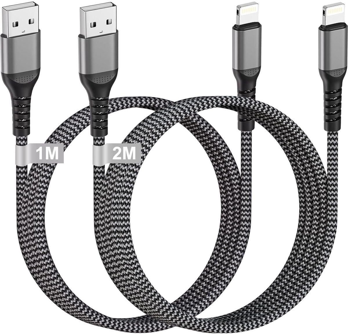 SnelShoppen - iPhone Oplaadkabel 1M + 2M 2Pcs [MFi Gecertificeerd], Nylon USB Lightning Kabel Geschikt voor iPhone 14/13/12/11/X, iPad Pro/Air/Mini, A