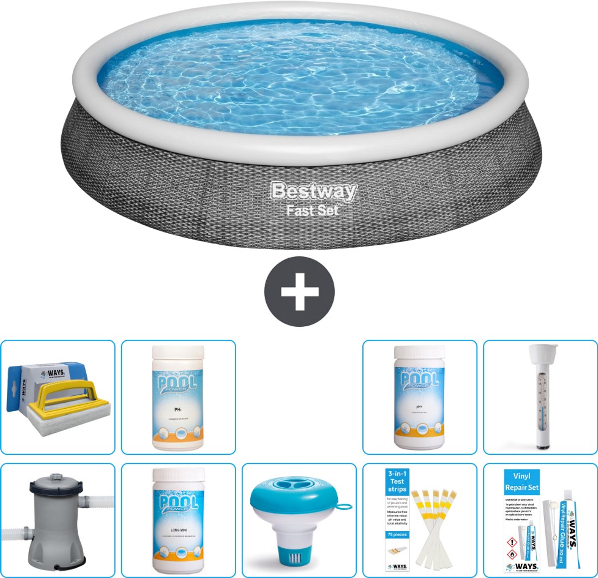 Bestway Rond Opblaasbaar Fast Set Zwembad - Rotanprint - 396 x 84 cm - Inclusief Pomp - Chloor - Chloordrijver - Testrips - Reparatiesetje - Scrubborstel - PH-min - PH-plus - Thermometer - 10-delig