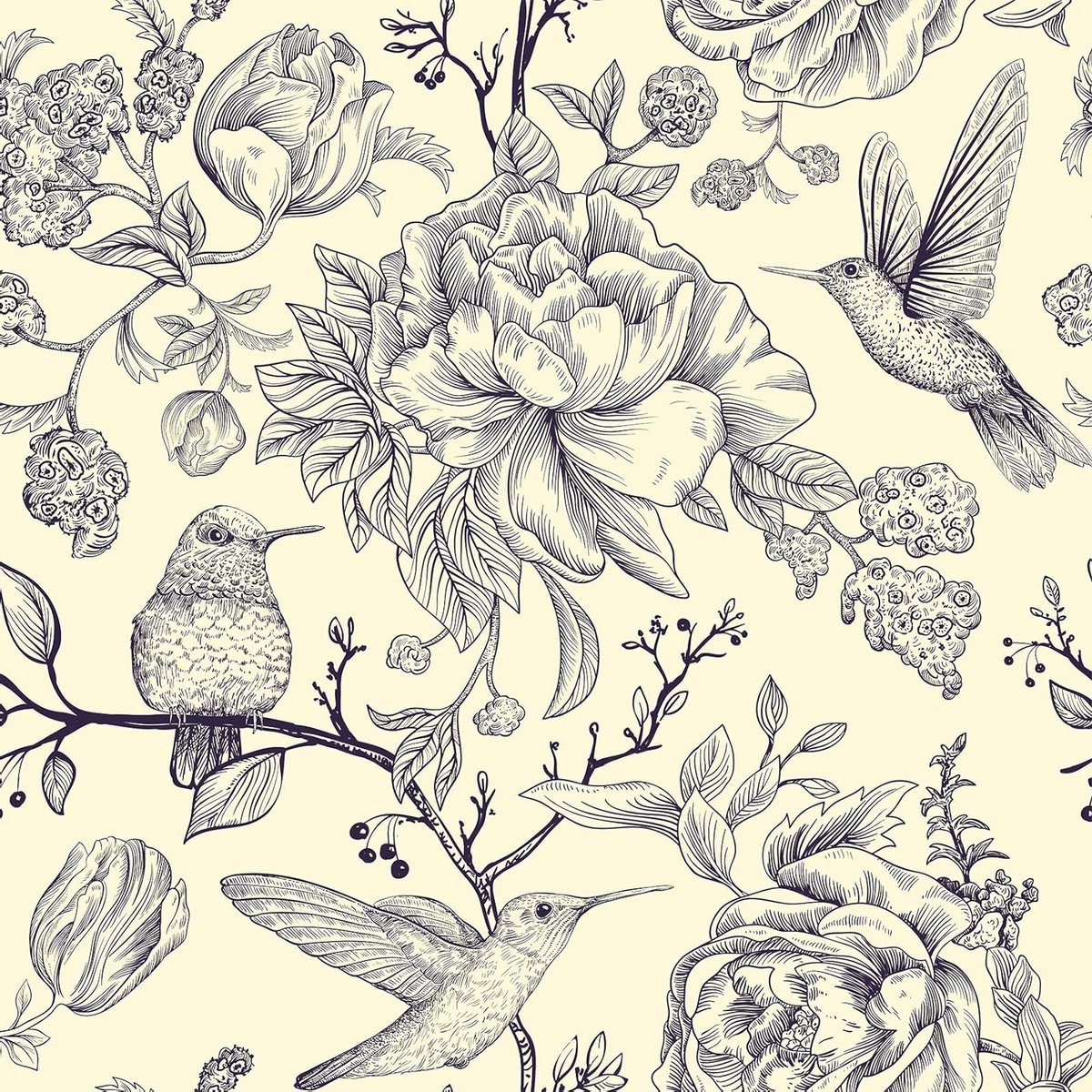 Beige Pioenrozen Behang met Vogels voor Slaapkamer en Badkamer, Tropische Bladeren, Zelfklevend Vinyl voor Keukenkasten en Meubels, 44.5Cm×300Cm