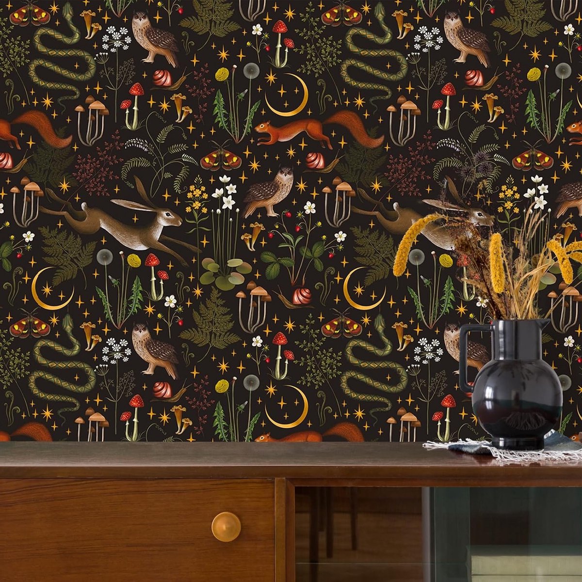 Zwart Dierenbehang met Jungle en Tropische Bladeren - Vintage Muurdecoratie voor Slaapkamer en Keuken, Ideaal voor Kastbedekking