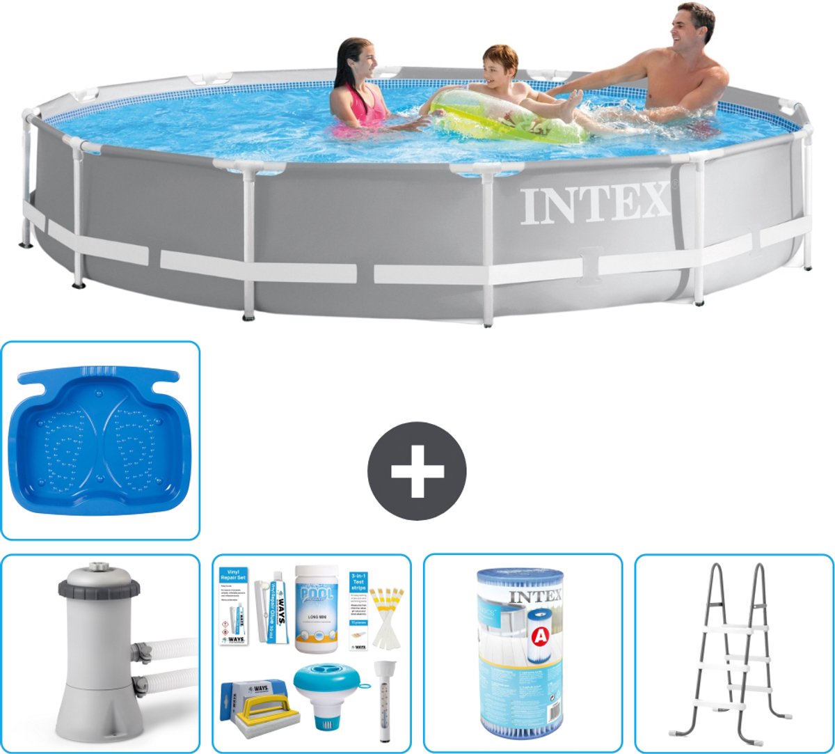 Intex Rond Prism Frame Zwembad - 366 x 76 cm - Grijs - Inclusief Pomp - Onderhoudspakket - Filter - Ladder - Voetenbad - 6-delig