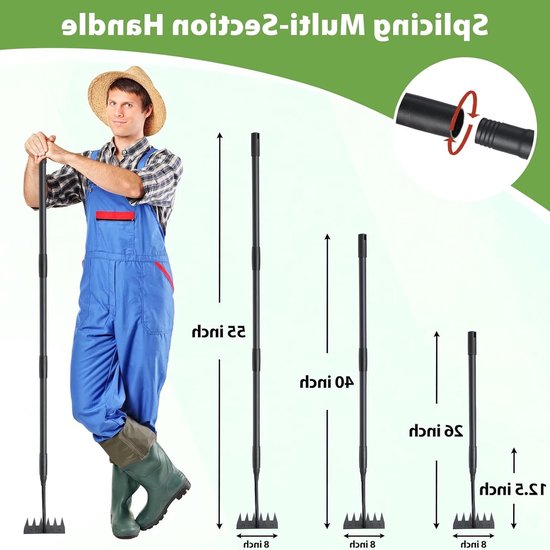Hark voor de tuin, 140 cm lange steel, 6 stevige tanden, duurzaam metaal, onkruidbestrijding, tuingereedschap, tuinonderhoud — afbeelding 5