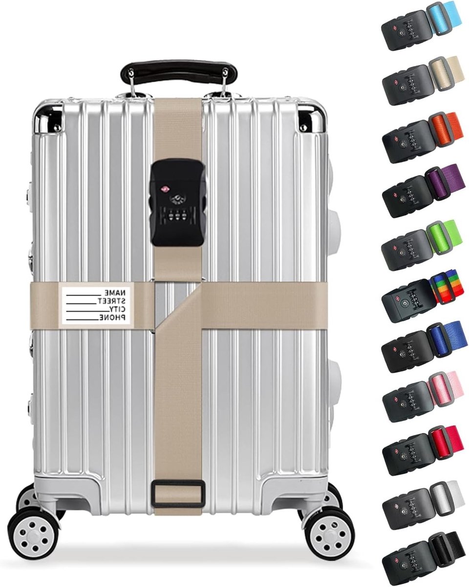 Verstelbare Bagagestraps met TSA-slot voor Koffers van 50-70 cm, Stevige Reisaccessoires met 3-cijferige Combinatieslot en Naamlabels, Veilig Reiscomfort