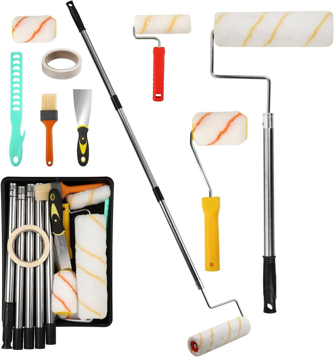 17-delige verfroller set met telescopische steel, verftray, kwast en spatula voor muurverf en schilderaccessoires