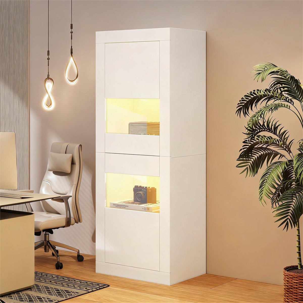 HAUSS SPOLE Buffetkast - Vitrinekast Met Ledverlichting En Verstelbare Glasplanken - Voor Woonkamer Of Eetkamer - Wit - 61x42x162 Cm