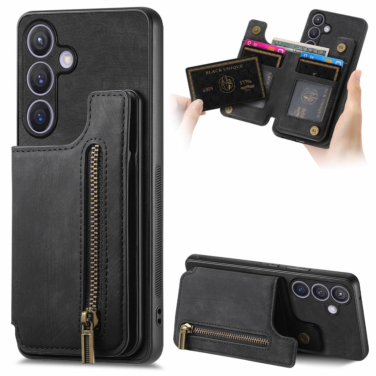 Silicone TPU en kunstleer kickstand retro zwart back cover hoesje case met rits - pasjeshouder - telefoonhoesje geschikt voor de Samsung Galaxy A27 5G