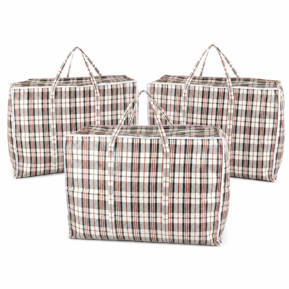 Opbergtas met Rits 150 Liter – 3 Stuks – Grote Verhuistassen en Big Shopper XL voor Dekbedden, Kleding, Wasgoed en Boodschappen – 70 x 40 x 56 cm – Zwart Rood Wit