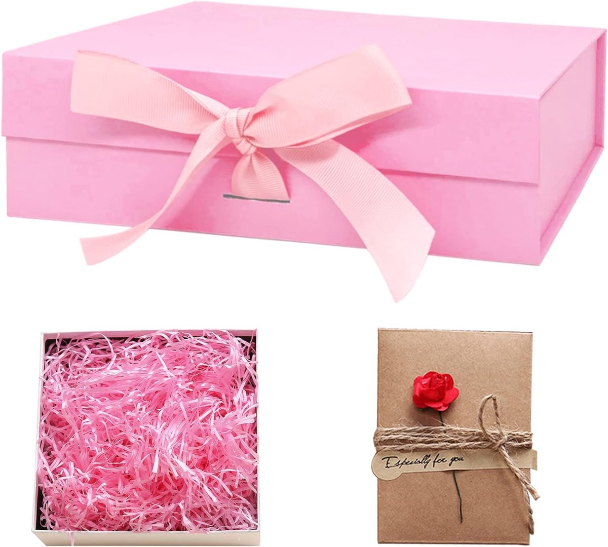 SnelShoppen - Luxe Roze Cadeau Doos met Deksel, Magnetische Sluiting, Inclusief Strik, Wenskaarten en Vulmateriaal, Cadeauverpakking voor Bruiloft, Ve