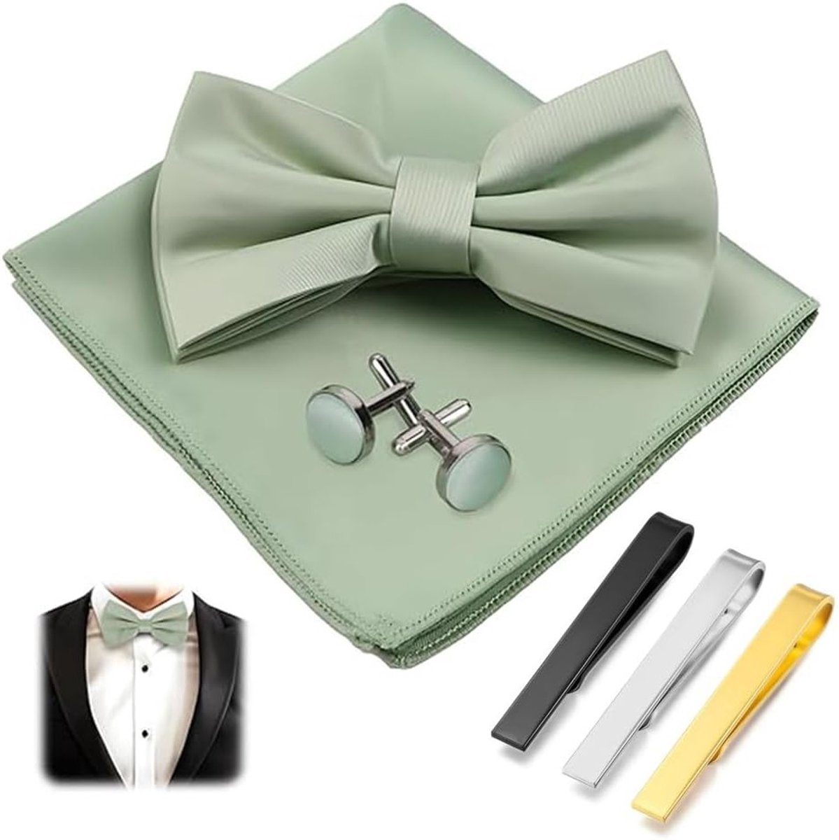 Elegante set met 6 stuks: vlinderdas, zakdoek, manchetknopen en stropdasclip voor formele gelegenheden en bruiloften (Groen)