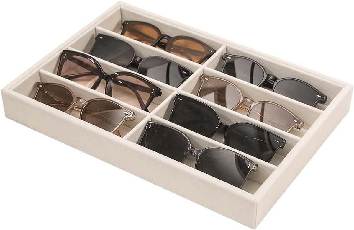 SnelShoppen - Luxe Beige Velvet Sunglasses Organizer met 8 Compartimenten voor Zonnebrillen, Brillen en Accessoires - Multifunctionele Opbergdoos voor