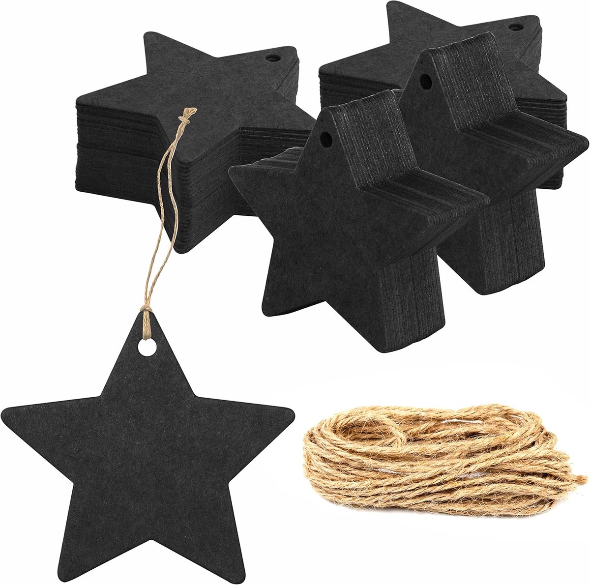 SnelShoppen - 200 Stuks Zwarte Kraft Papier Cadeau Tags Stervormig met 30m Jute Touw voor Creatieve Verpakking, Feest, Cadeaus, Bruiloften, Decoratie