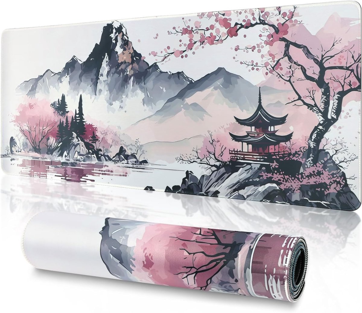 SnelShoppen - Grote Gaming Mouse Pad 800x300mm, Extra Large Desk Pad, Waterdicht met Antislip Onderkant en Gestikte Rand, Rood met Zon en Zwaard teken