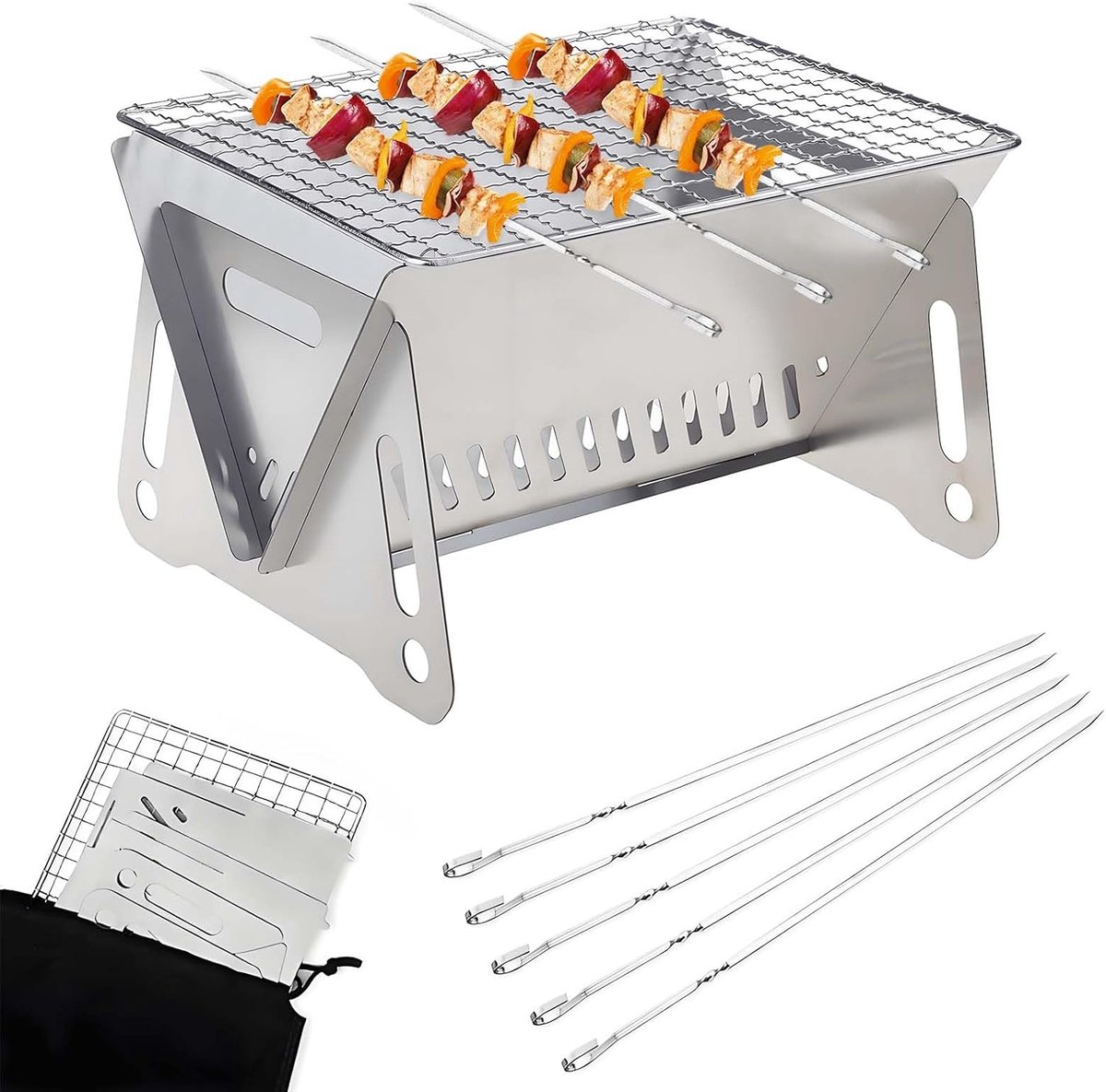 SnelShoppen - BBQ Grill met 5 Stuks Barbecue Vorken, Draagbare Vouwbare Houtskool Grill voor Buiten, RVS Rookoven BBQ voor Picknick, Tuin, Terras, Kam