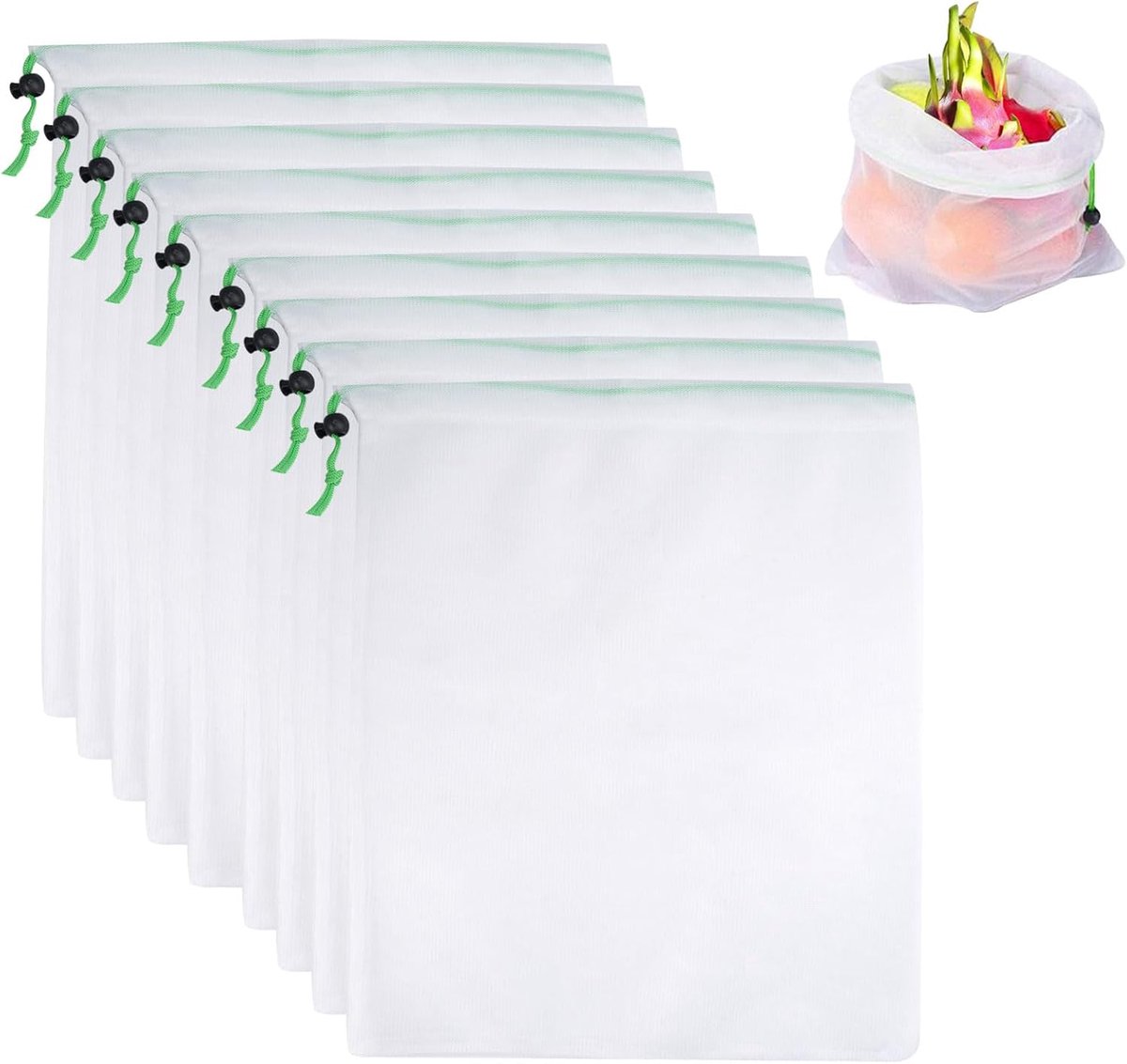 SnelShoppen - 10 Stuks Herbruikbare Mesh Groentetassen 35x30cm | Wasbare en Schimmelbestendige Drawstring Tassen voor Fruit, Groenten, Boodschappen, O