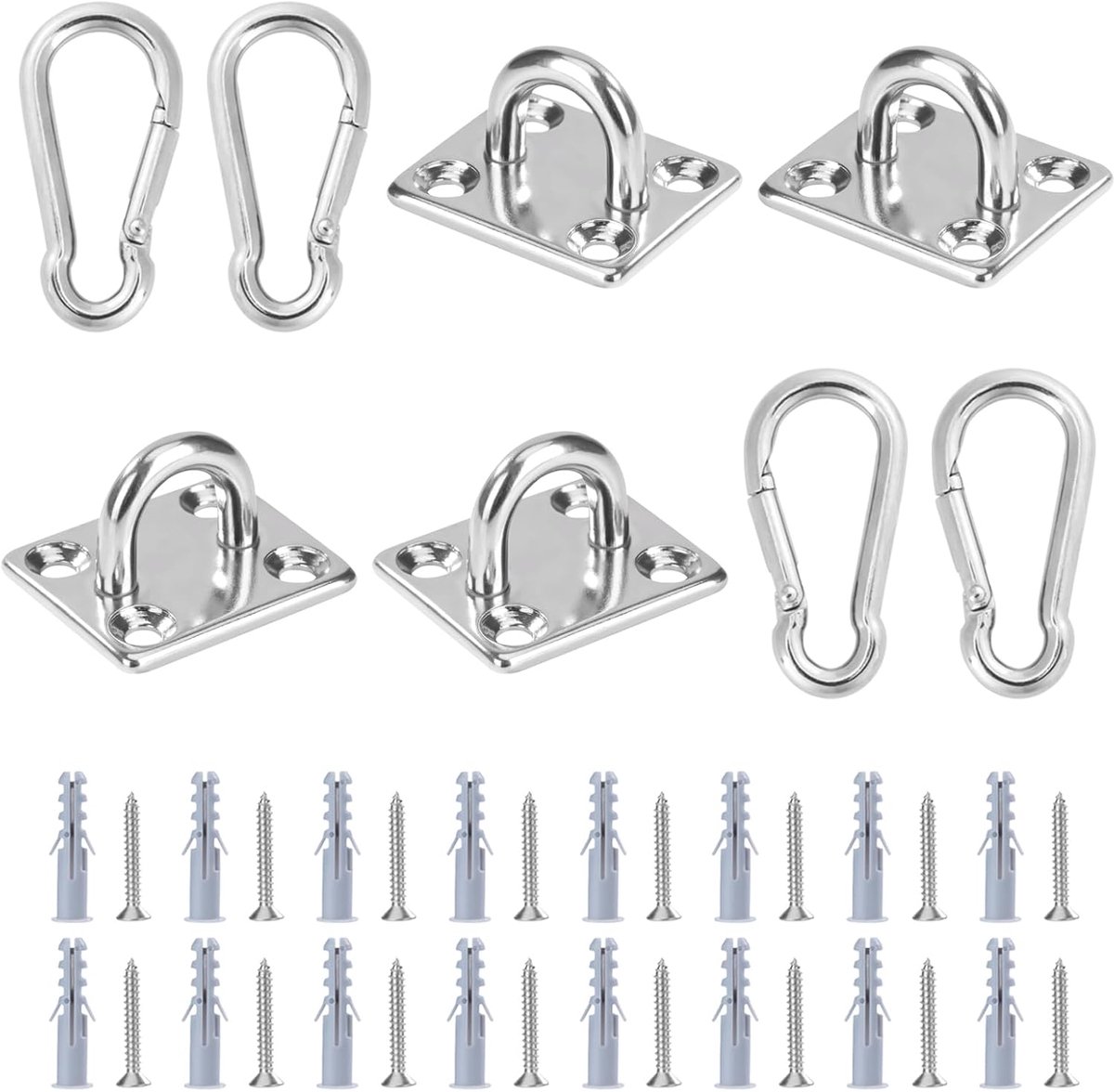 SnelShoppen - Set van 4 Rvs Ovale Oogplaten, Plafondhaken en Karabijnhaken met Schroeven, Wandanker Ringen voor Boot, Yoga, Schommels, Hängmatten