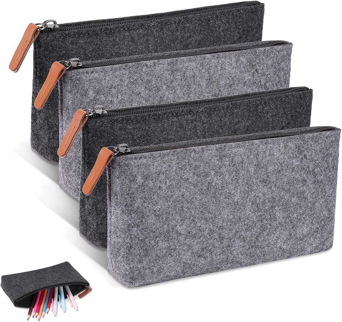 SnelShoppen - Multifunctionele Vilt Pennenbak met Rits, Cosmetica Etui, 4-delige Set, 22×11 cm, Groene Vilt Tassen voor Pennen, Potloden, Markers