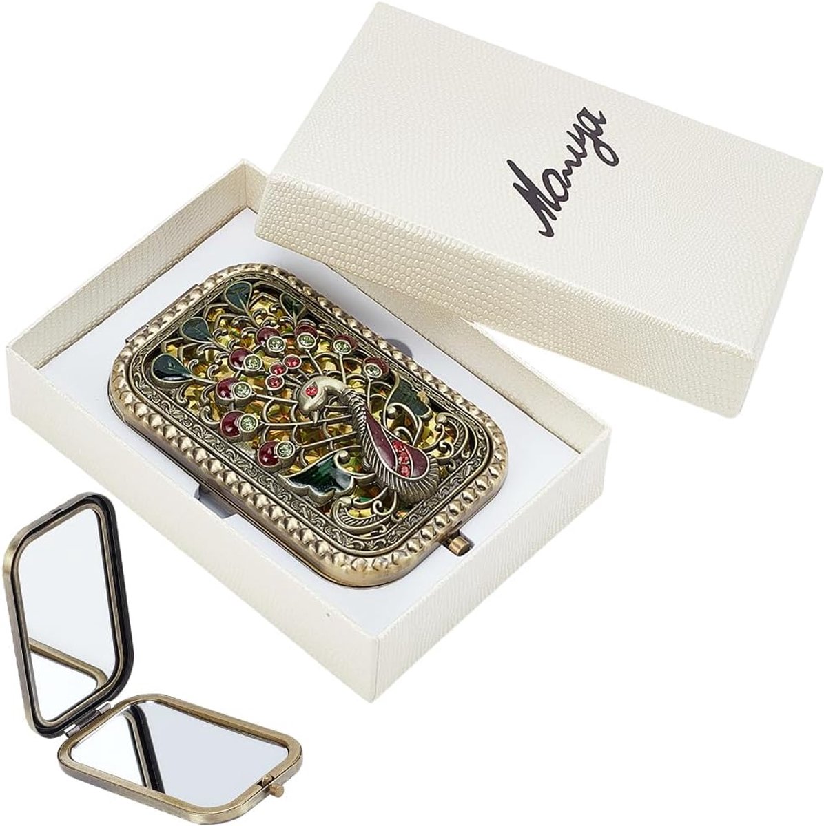 SnelShoppen - Vintage Make-up Spiegel Opvouwbaar Metalen Draagbare Cosmetische Zak Compact Dubbelzijdig Normaal en Vergrootglas Pauw Patroon Mini Ijde