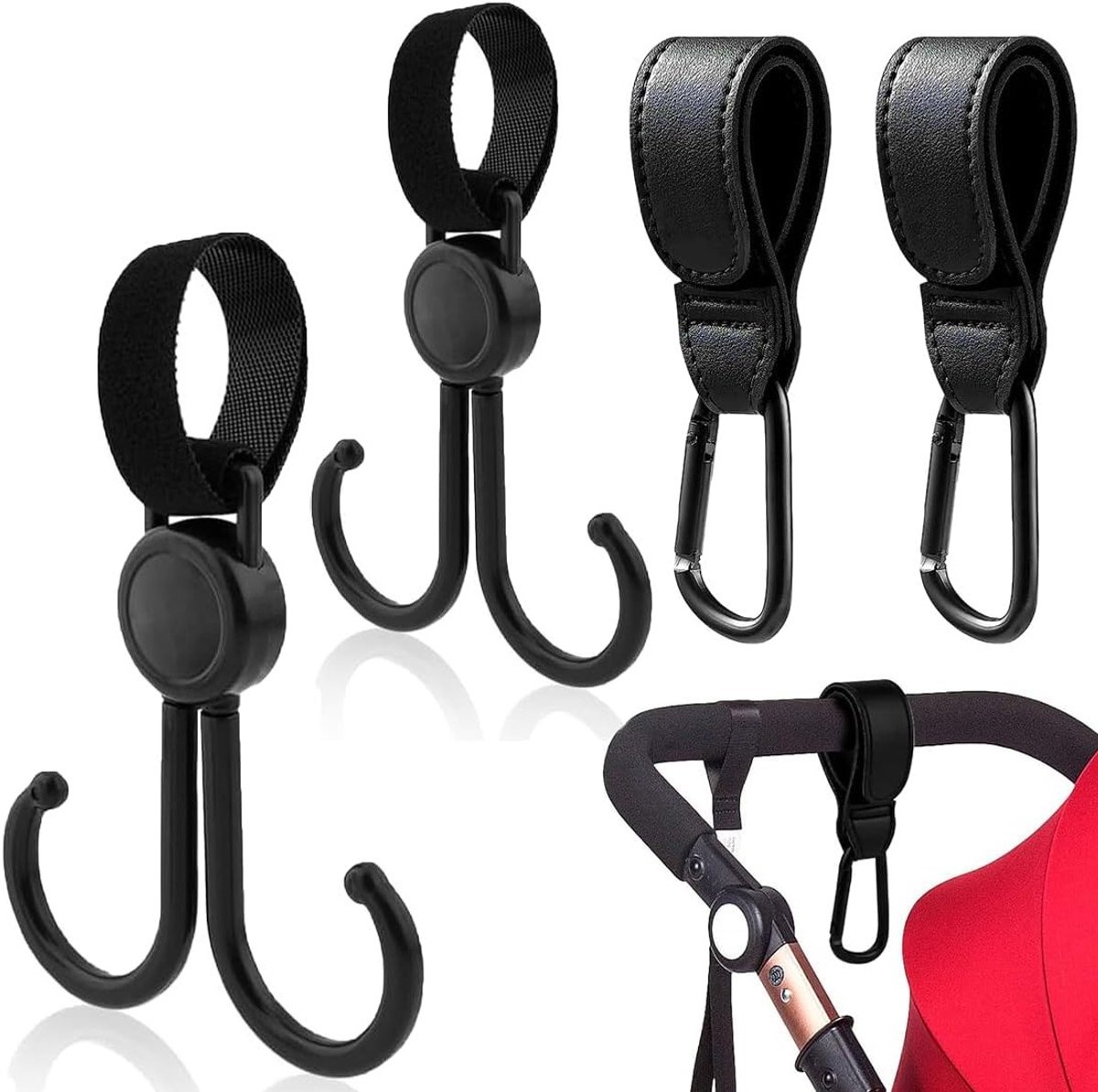 SnelShoppen - 4 Universele Duwwagen Haakjes Multi-Functionele Haken voor Kinderwagen, Buggy Accessoires, 2 Dubbele Haken en 2 Hangende Gespen, Ideaal