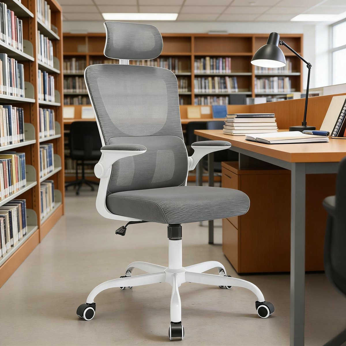 DESMIU Bureaustoel 62 x 69,5 x 123,5 cm - Ergonomisch Met Netrug, Hoofdsteun En Schommelfunctie - Voor Kantoor En Studeerkamer - Mesh Grijs