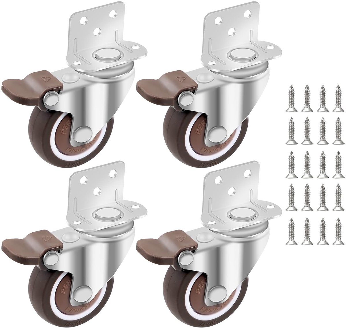 SnelShoppen - Set van 4 x 50 mm TPE meubelwielen met rem, transportwielen met L-montageplaat, rubberen wielen voor meubels, kasten, bedden en meer