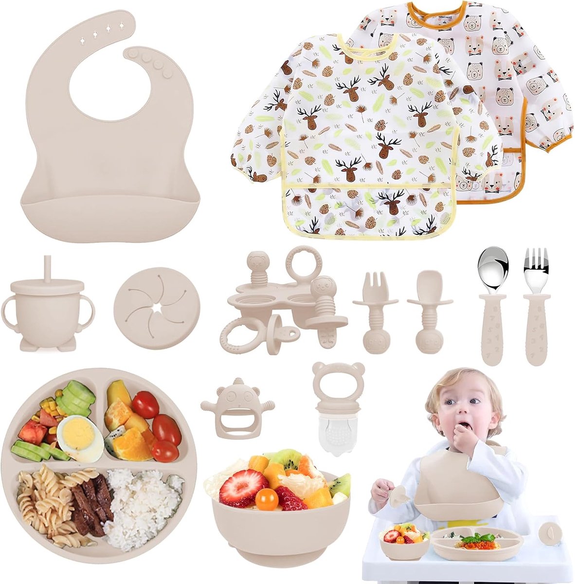 SnelShoppen - 14-delige Babyvoeding Set, Siliconen Tafelgerei, Kindertafelset met Antislip en Zuignap, Kom, Drinkbeker, Slabbetje, Lepel, Vork (Beige)